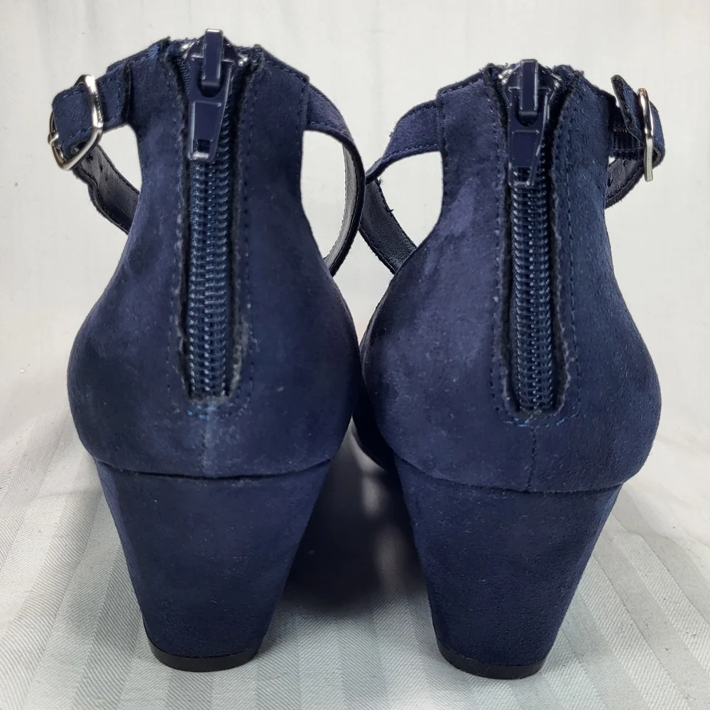 It's Ok Amal Blue SHOES Womens Size 11 Wedge Heels Strapped Ankle Zip Closed Toe